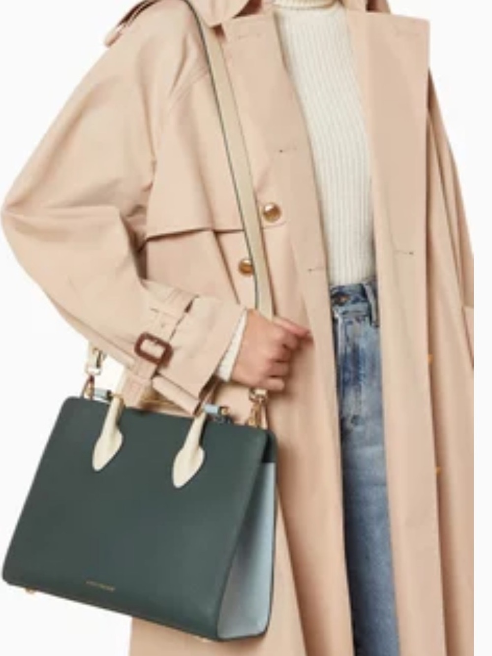 Strathberry Green and Cream Midi Leather Tote - Picture 2 of 7